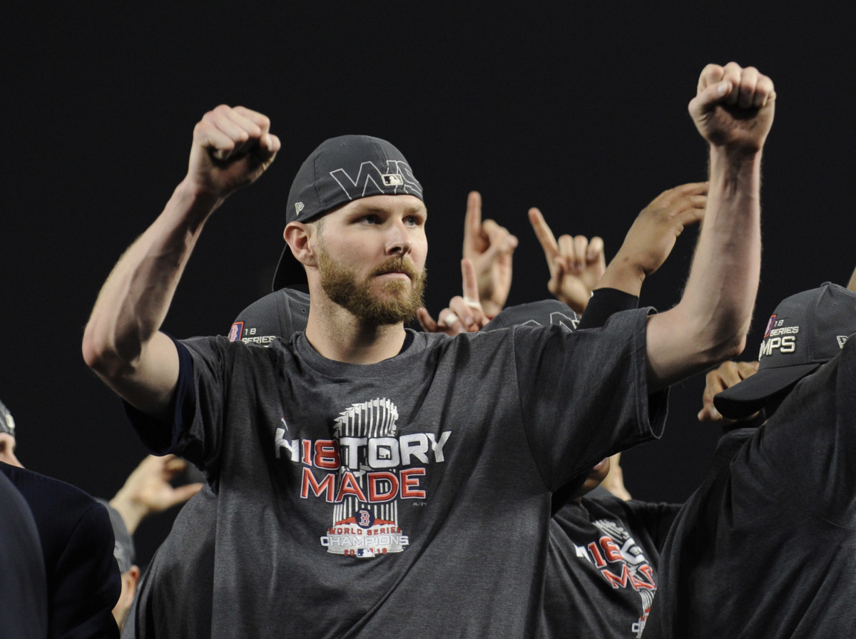 Oct 28, 2018; Los Angeles, CA, USA; Boston Red Sox pitcher Chris Sale celebrates after defeating the Los Angeles Dodgers in game five of the 2018 World Series at Dodger Stadium.